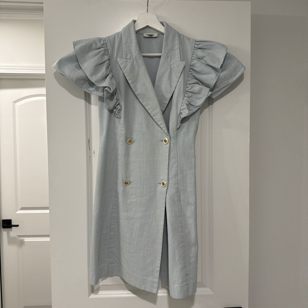 Sandro Light Blue Double-Breasted Ruffle Sleeve Dress